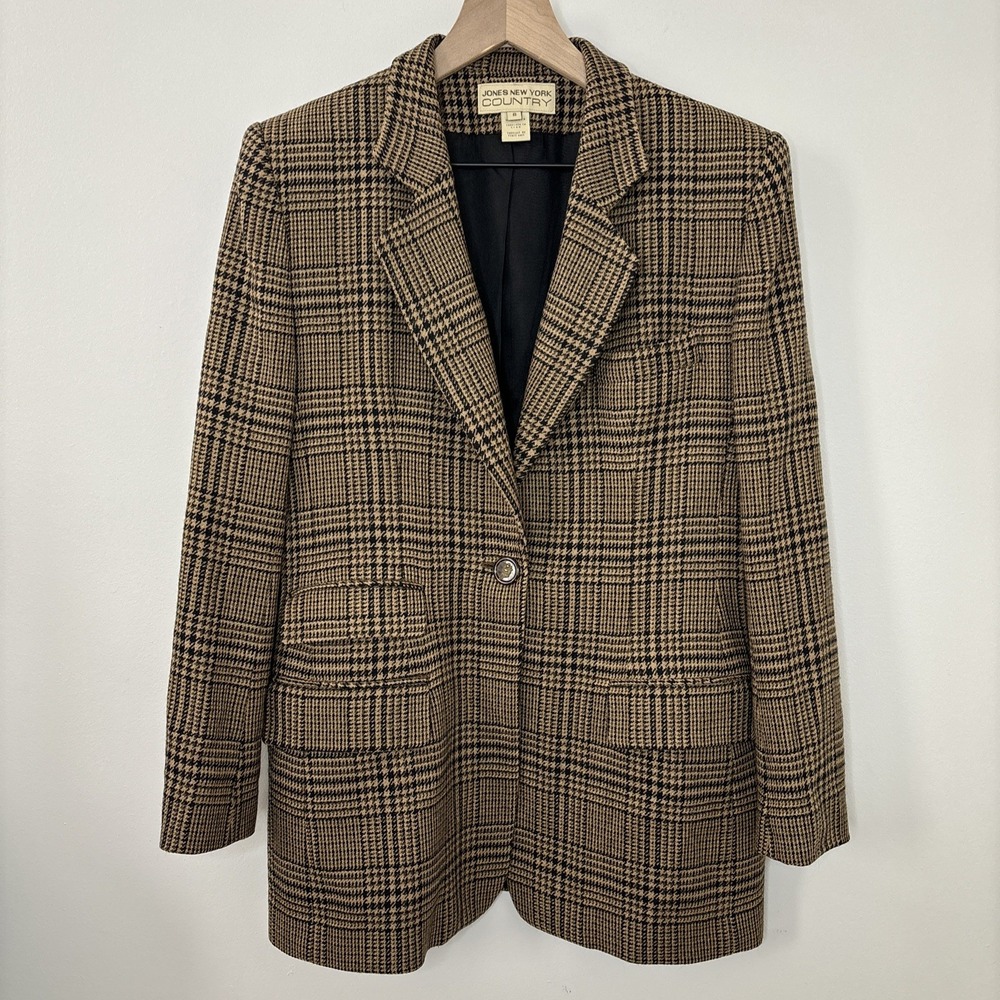 Jones New York Country Herringbone Wool Jacket 8 Vintage USA Brown Academia Twee